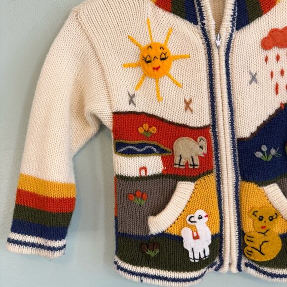 Sweater Kids Multicolor Hand Knitted Wool 3D Hooded Long Sleeve Full Zip - Picture 3 of 9